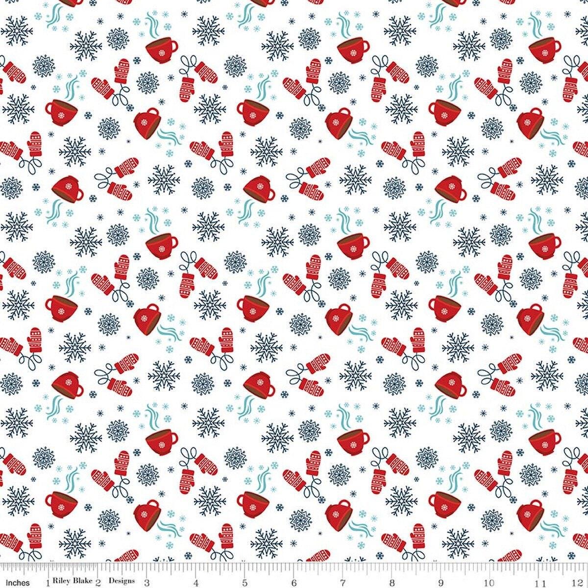 Image of A Perfect Winter Cocoa White quilting cotton fabric by Lori Whitlock for Riley Blake Designs. Features snowflakes, mugs, and gloves on a white background. Cute Little Fabric Shop.