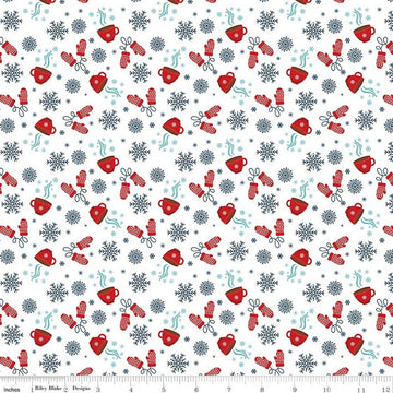 Image of A Perfect Winter Cocoa White quilting cotton fabric by Lori Whitlock for Riley Blake Designs. Features snowflakes, mugs, and gloves on a white background. Cute Little Fabric Shop.