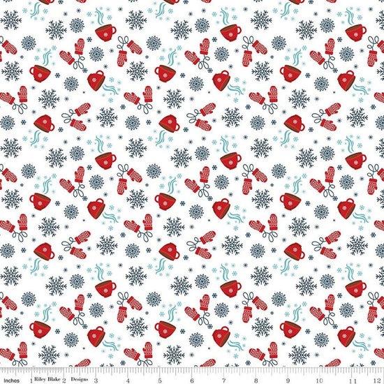 Image of A Perfect Winter Cocoa White quilting cotton fabric by Lori Whitlock for Riley Blake Designs. Features snowflakes, mugs, and gloves on a white background. Cute Little Fabric Shop.