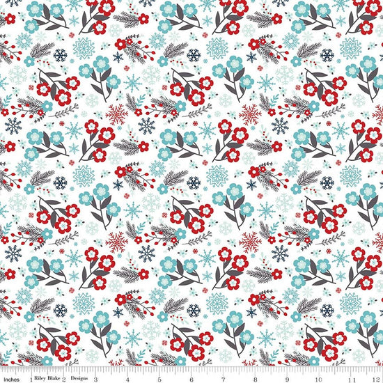 Image of A Perfect Winter Flowers White quilting cotton fabric by Lori Whitlock for Riley Blake Designs. Features flowers on a white background. Cute Little Fabric Shop.