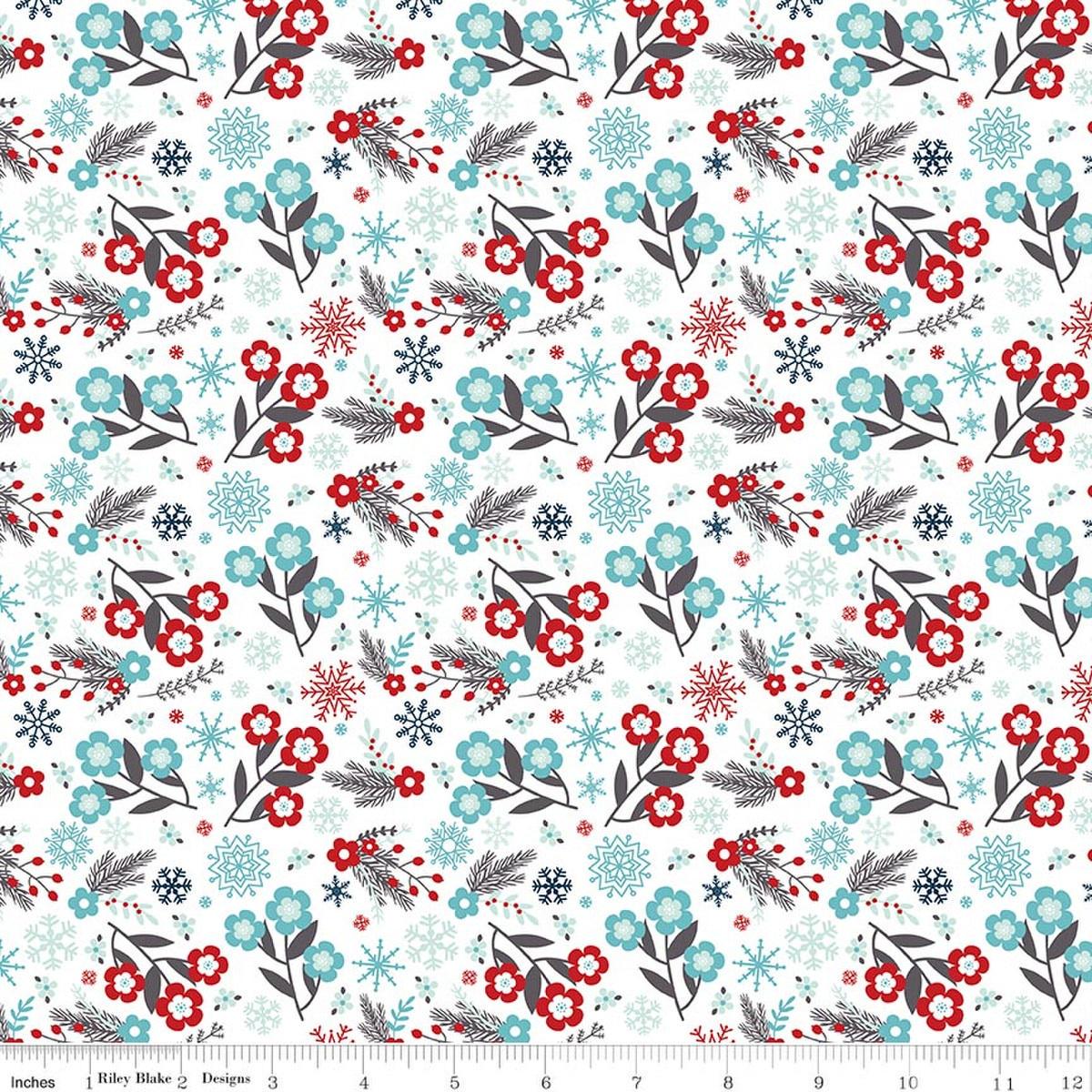 Image of A Perfect Winter Flowers White quilting cotton fabric by Lori Whitlock for Riley Blake Designs. Features flowers on a white background. Cute Little Fabric Shop.
