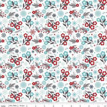 Image of A Perfect Winter Flowers White quilting cotton fabric by Lori Whitlock for Riley Blake Designs. Features flowers on a white background. Cute Little Fabric Shop.