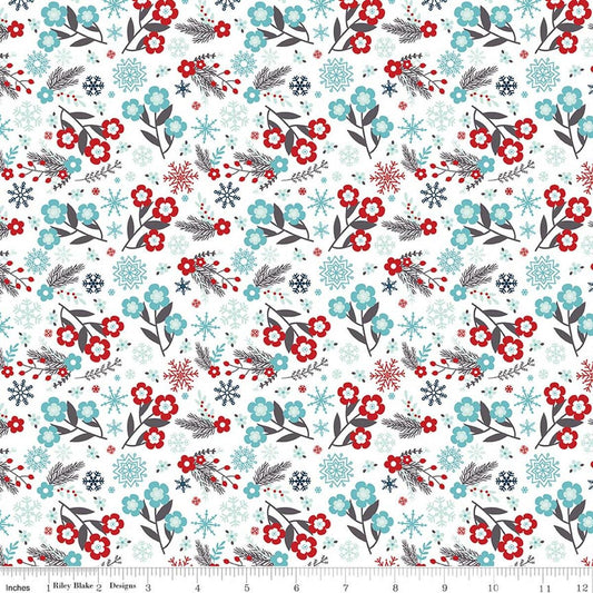 Image of A Perfect Winter Flowers White quilting cotton fabric by Lori Whitlock for Riley Blake Designs. Features flowers on a white background. Cute Little Fabric Shop.