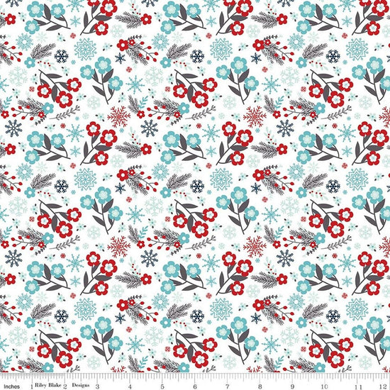 Image of A Perfect Winter Flowers White quilting cotton fabric by Lori Whitlock for Riley Blake Designs. Features flowers on a white background. Cute Little Fabric Shop.