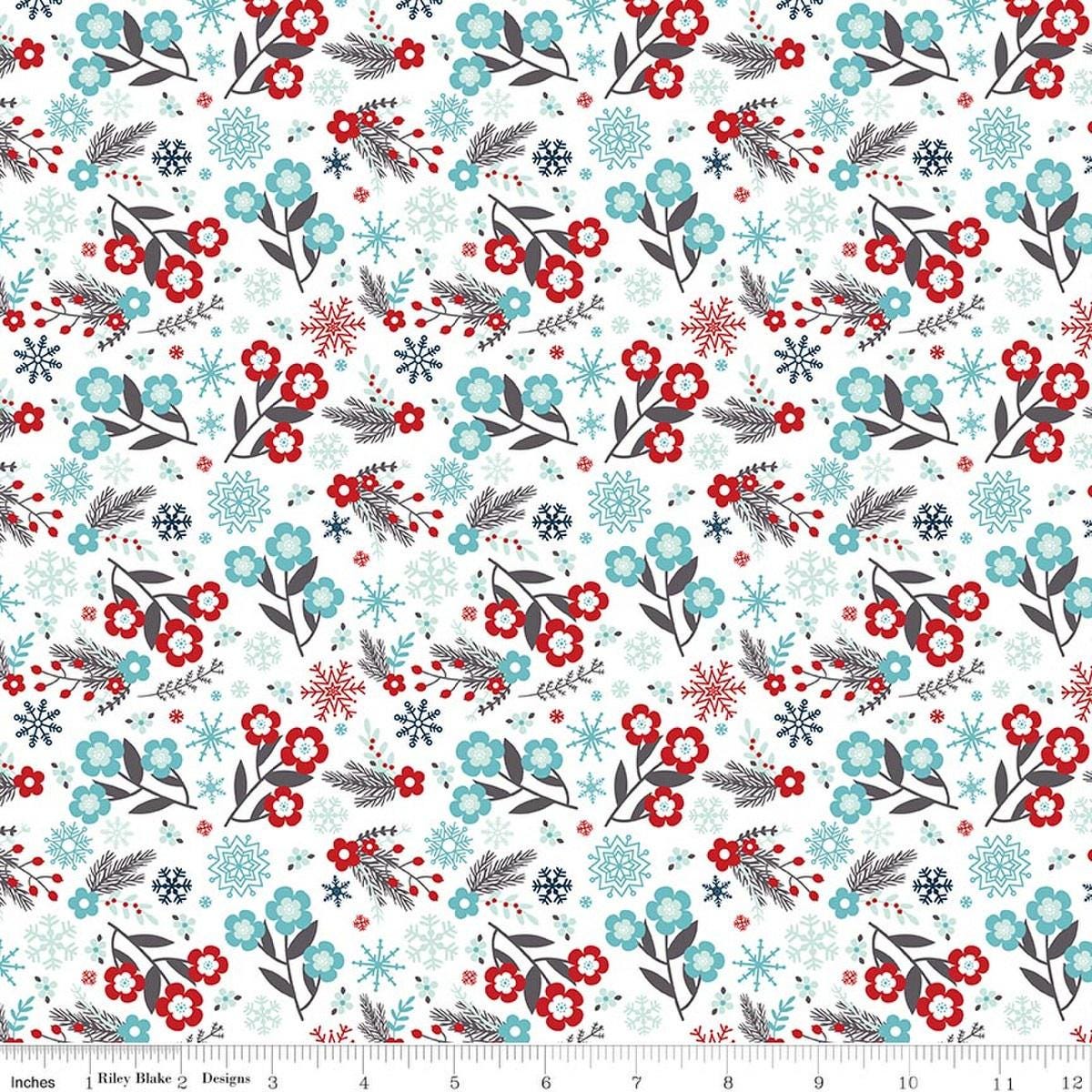 Image of A Perfect Winter Flowers White quilting cotton fabric by Lori Whitlock for Riley Blake Designs. Features flowers on a white background. Cute Little Fabric Shop.