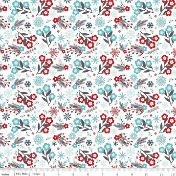 Image of A Perfect Winter Flowers White quilting cotton fabric by Lori Whitlock for Riley Blake Designs. Features flowers on a white background. Cute Little Fabric Shop.