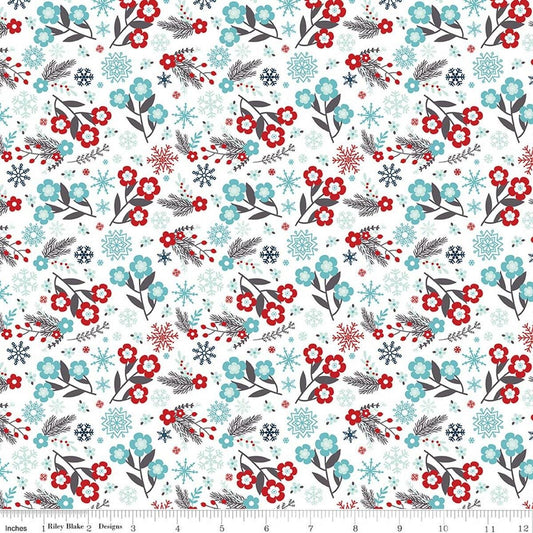 Image of A Perfect Winter Flowers White quilting cotton fabric by Lori Whitlock for Riley Blake Designs. Features flowers on a white background. Cute Little Fabric Shop.