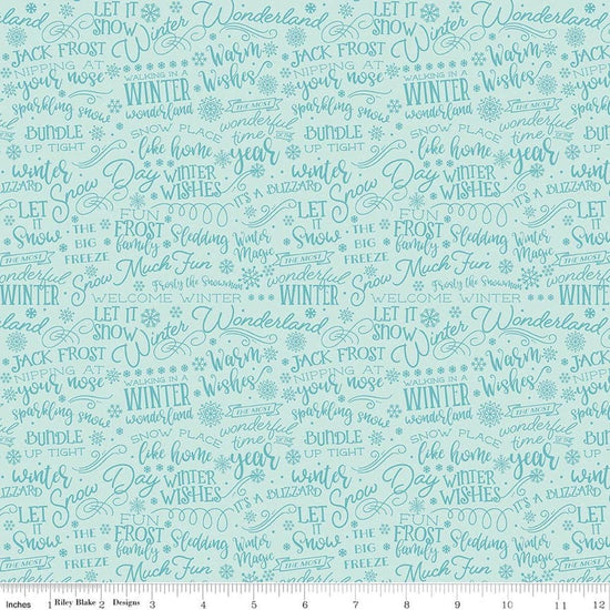 Image of A Perfect Winter Text Powder quilting cotton fabric by Lori Whitlock for Riley Blake Designs. Features words on a blue background. Cute Little Fabric Shop.