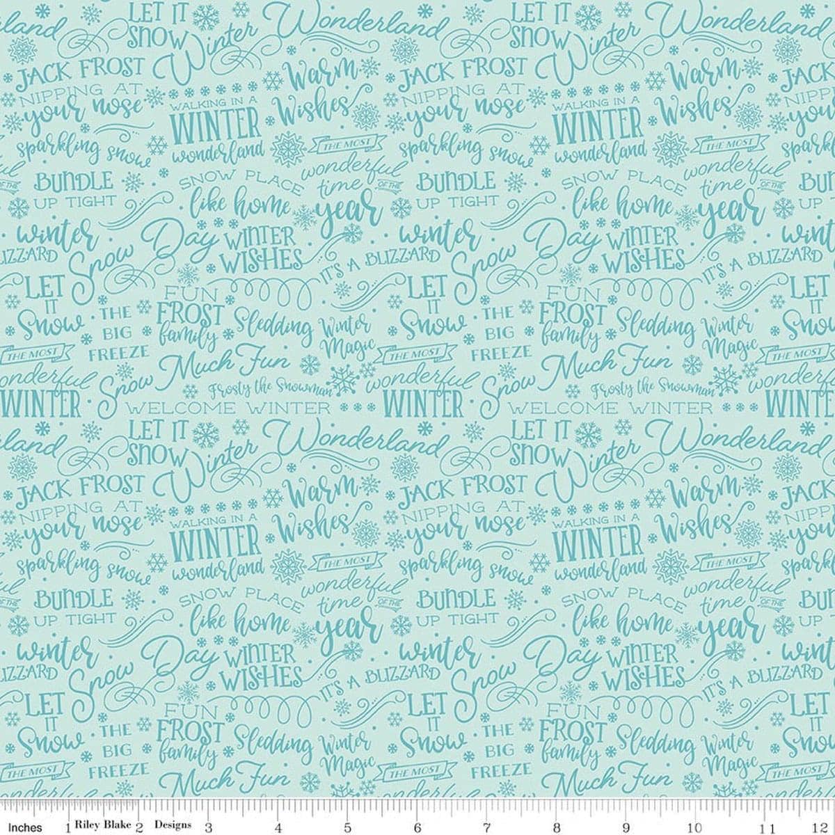 Image of A Perfect Winter Text Powder quilting cotton fabric by Lori Whitlock for Riley Blake Designs. Features words on a blue background. Cute Little Fabric Shop.
