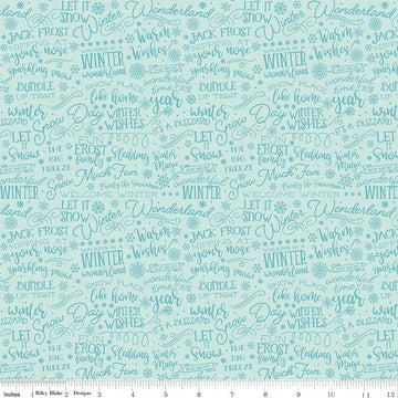 Image of A Perfect Winter Text Powder quilting cotton fabric by Lori Whitlock for Riley Blake Designs. Features words on a blue background. Cute Little Fabric Shop.