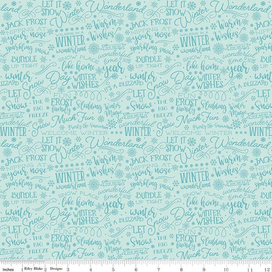 Image of A Perfect Winter Text Powder quilting cotton fabric by Lori Whitlock for Riley Blake Designs. Features words on a blue background. Cute Little Fabric Shop.