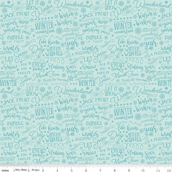 Image of A Perfect Winter Text Powder quilting cotton fabric by Lori Whitlock for Riley Blake Designs. Features words on a blue background. Cute Little Fabric Shop.