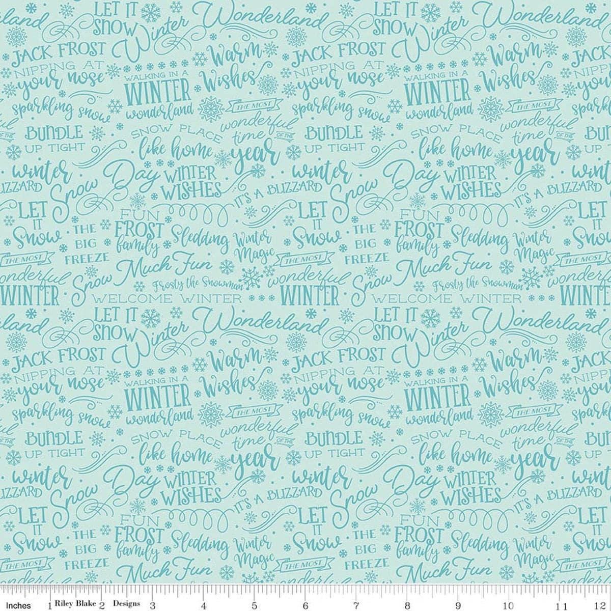 Image of A Perfect Winter Text Powder quilting cotton fabric by Lori Whitlock for Riley Blake Designs. Features words on a blue background. Cute Little Fabric Shop.