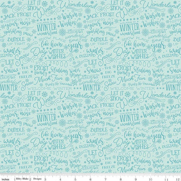 Image of A Perfect Winter Text Powder quilting cotton fabric by Lori Whitlock for Riley Blake Designs. Features words on a blue background. Cute Little Fabric Shop.