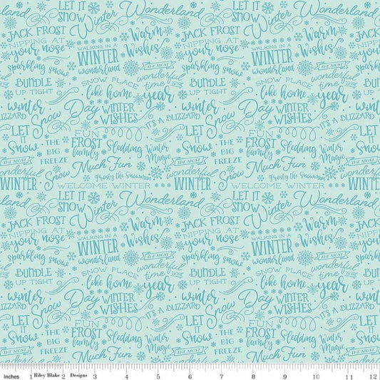 Image of A Perfect Winter Text Powder quilting cotton fabric by Lori Whitlock for Riley Blake Designs. Features words on a blue background. Cute Little Fabric Shop.
