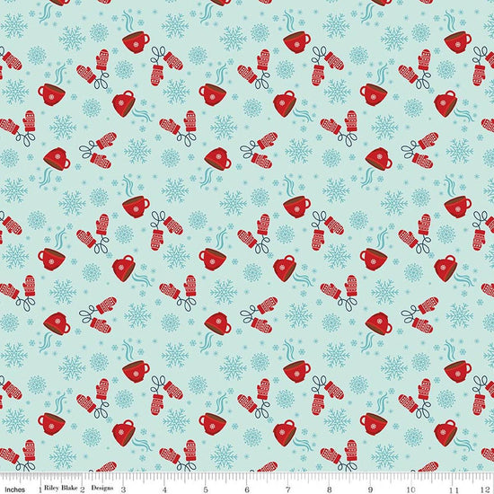 Image of A Perfect Winter Cocoa Powder quilting cotton fabric by Lori Whitlock for Riley Blake Designs. Features snowflakes, gloves, and mugs on a blue background. Cute Little Fabric Shop.