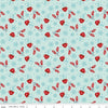 Image of A Perfect Winter Cocoa Powder quilting cotton fabric by Lori Whitlock for Riley Blake Designs. Features snowflakes, gloves, and mugs on a blue background. Cute Little Fabric Shop.