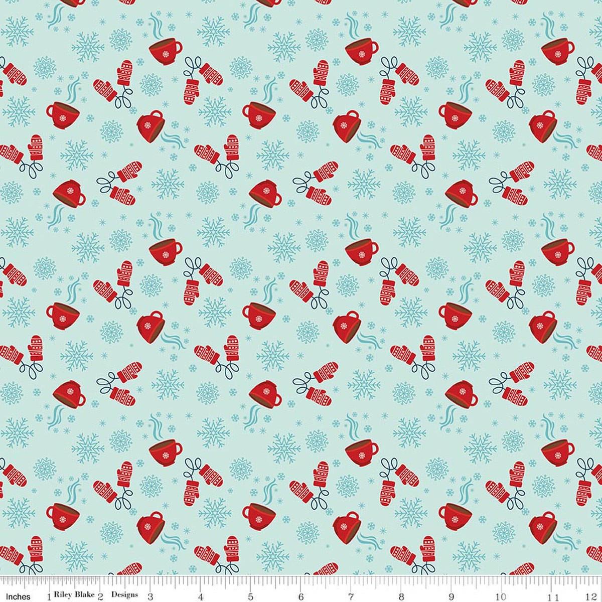 Image of A Perfect Winter Cocoa Powder quilting cotton fabric by Lori Whitlock for Riley Blake Designs. Features snowflakes, gloves, and mugs on a blue background. Cute Little Fabric Shop.