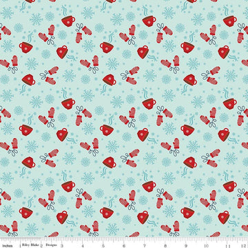 Image of A Perfect Winter Cocoa Powder quilting cotton fabric by Lori Whitlock for Riley Blake Designs. Features snowflakes, gloves, and mugs on a blue background. Cute Little Fabric Shop.