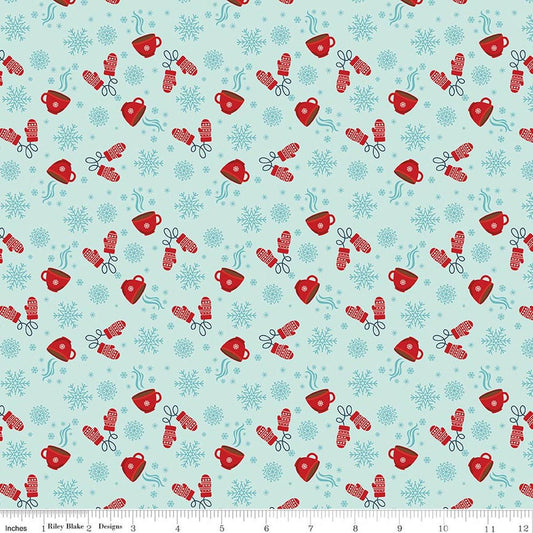 Image of A Perfect Winter Cocoa Powder quilting cotton fabric by Lori Whitlock for Riley Blake Designs. Features snowflakes, gloves, and mugs on a blue background. Cute Little Fabric Shop.