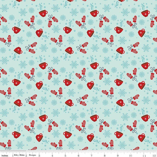 Image of A Perfect Winter Cocoa Powder quilting cotton fabric by Lori Whitlock for Riley Blake Designs. Features snowflakes, gloves, and mugs on a blue background. Cute Little Fabric Shop.