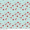 Image of A Perfect Winter Cocoa Powder quilting cotton fabric by Lori Whitlock for Riley Blake Designs. Features snowflakes, gloves, and mugs on a blue background. Cute Little Fabric Shop.