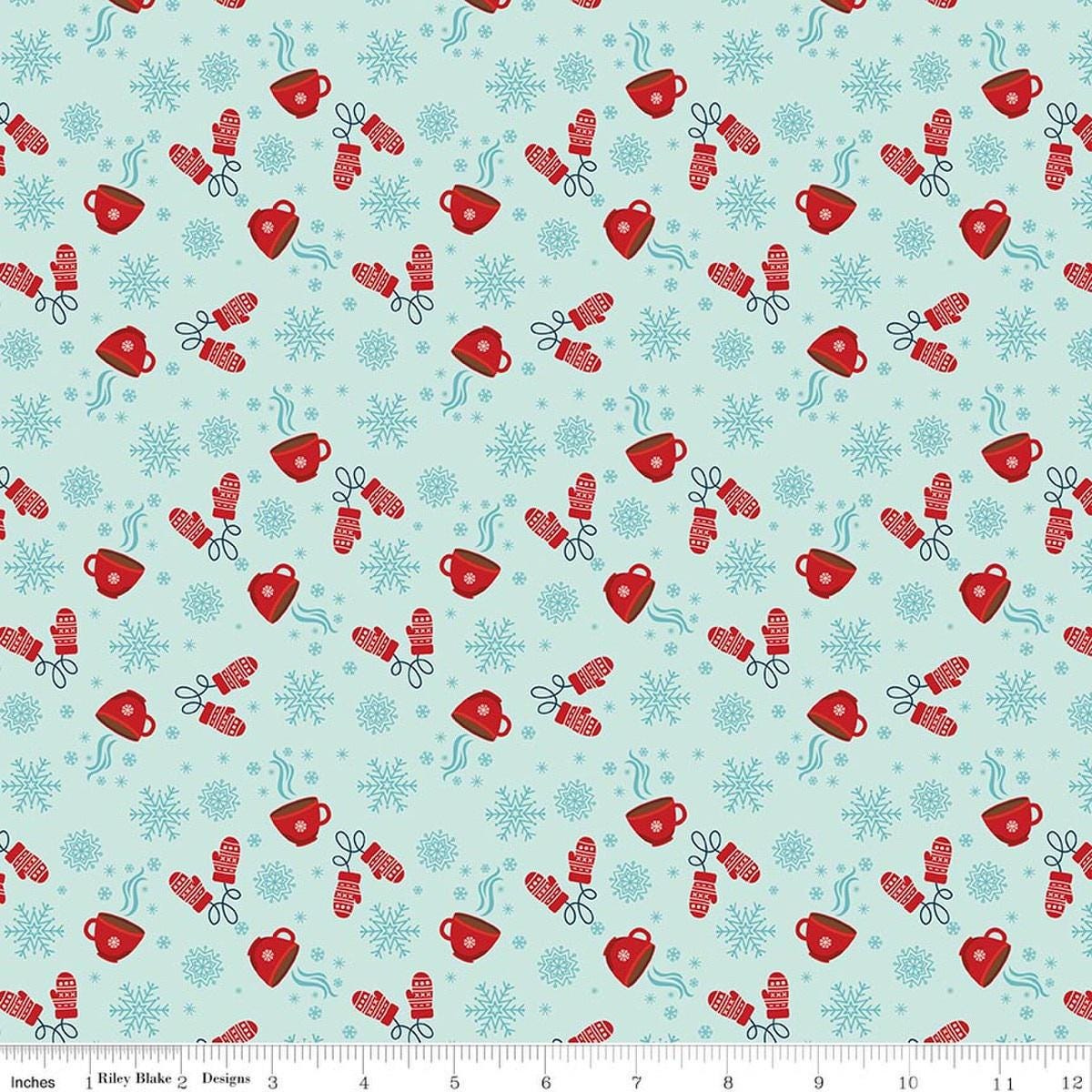 Image of A Perfect Winter Cocoa Powder quilting cotton fabric by Lori Whitlock for Riley Blake Designs. Features snowflakes, gloves, and mugs on a blue background. Cute Little Fabric Shop.