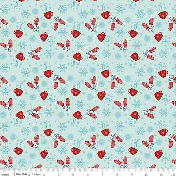 Image of A Perfect Winter Cocoa Powder quilting cotton fabric by Lori Whitlock for Riley Blake Designs. Features snowflakes, gloves, and mugs on a blue background. Cute Little Fabric Shop.