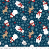 Image of A Perfect Winter Main Navy quilting cotton fabric by Lori Whitlock for Riley Blake Designs. Features snowmen, reindeer, and snowflakes on a blue background. Cute Little Fabric Shop.