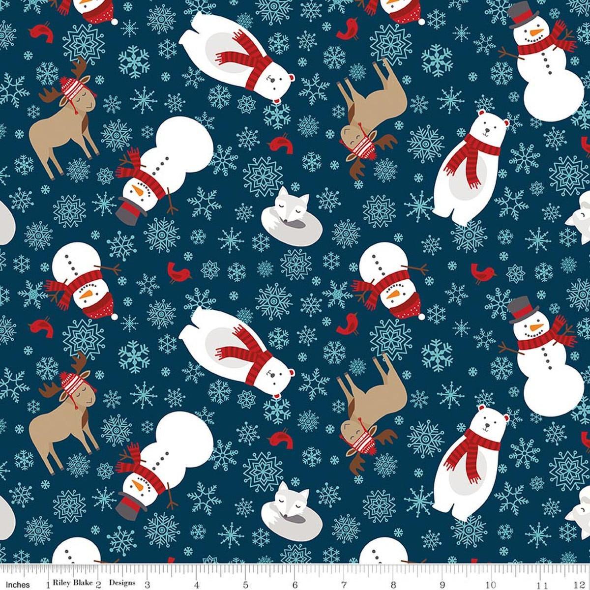 Image of A Perfect Winter Main Navy quilting cotton fabric by Lori Whitlock for Riley Blake Designs. Features snowmen, reindeer, and snowflakes on a blue background. Cute Little Fabric Shop.