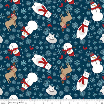 Image of A Perfect Winter Main Navy quilting cotton fabric by Lori Whitlock for Riley Blake Designs. Features snowmen, reindeer, and snowflakes on a blue background. Cute Little Fabric Shop.