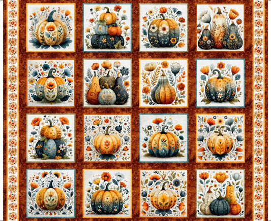 Harvest Hollow Decorative Pumpkin Picture Patches Panel Burnt Umber Red Floral Fabric - 31984 - QT Fabrics Quilting Cotton Fabric