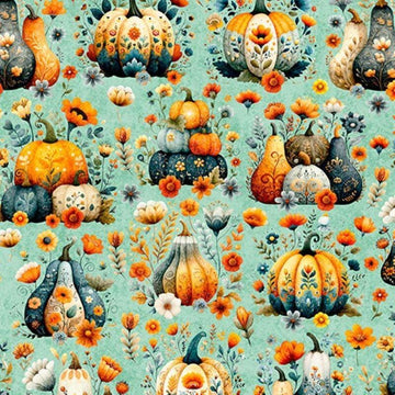 Image of Harvest Hollow Pumpkin Patch Dusty Aqua quilting cotton fabric by Morris Creative Group for QT Fabrics. Features pumpkins on a blue background. Cute Little Fabric Shop.