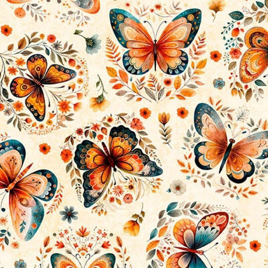 Image of Harvest Hollow Butterflies Cream quilting cotton fabric by Morris Creative Group for QT Fabrics. Features butterflies on a cream background. Cute Little Fabric Shop.