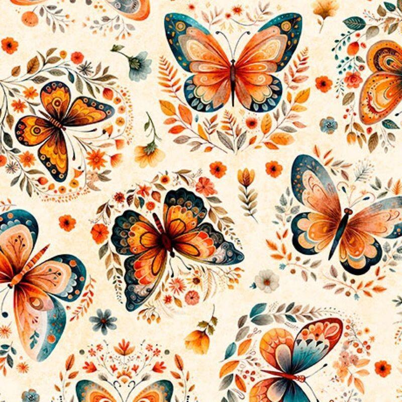Image of Harvest Hollow Butterflies Cream quilting cotton fabric by Morris Creative Group for QT Fabrics. Features butterflies on a cream background. Cute Little Fabric Shop.