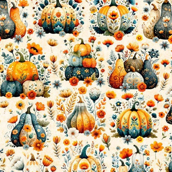 Image of Harvest Hollow Pumpkin Patch Cream quilting cotton fabric by Morris Creative Group for QT Fabrics. Features pumpkins on a cream background. Cute Little Fabric Shop.