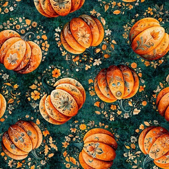 Image of Harvest Hollow Tossed Pumpkins Teal quilting cotton fabric by Morris Creative Group for QT Fabrics. Features pumpkins on a blue background. Cute Little Fabric Shop.