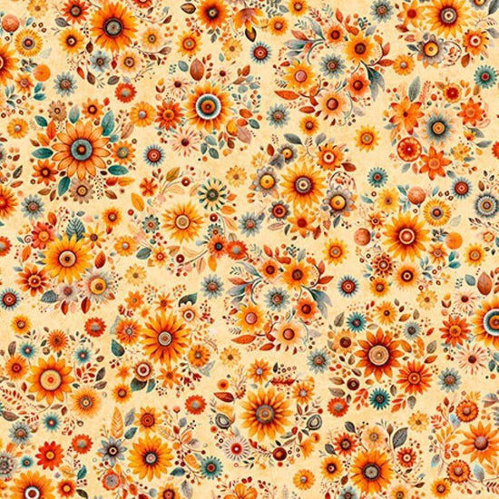 Image of Harvest Hollow Fall Bouquets Wheat quilting cotton fabric by Morris Creative Group for QT Fabrics. Features flowers on a yellow background. Cute Little Fabric Shop.