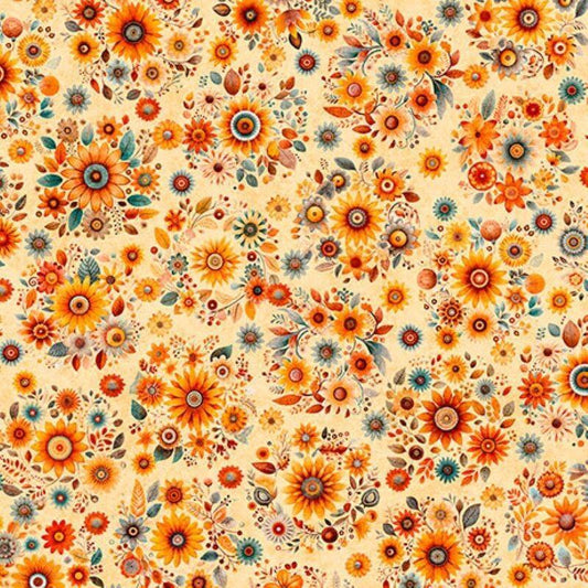 Image of Harvest Hollow Fall Bouquets Wheat quilting cotton fabric by Morris Creative Group for QT Fabrics. Features flowers on a yellow background. Cute Little Fabric Shop.