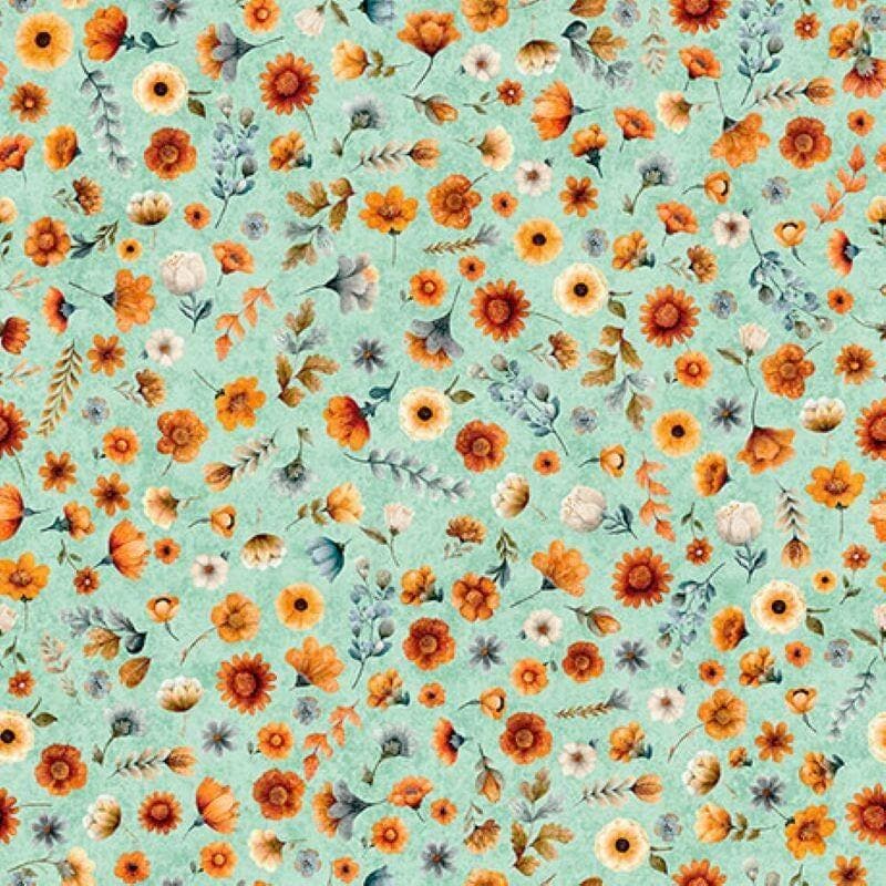 Image of Harvest Hollow Ditzy Floral Dusty Aqua quilting cotton fabric by Morris Creative Group for QT Fabrics. Features flowers on a blue background. Cute Little Fabric Shop.