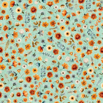 Image of Harvest Hollow Ditzy Floral Dusty Aqua quilting cotton fabric by Morris Creative Group for QT Fabrics. Features flowers on a blue background. Cute Little Fabric Shop.