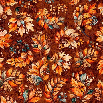 Image of Harvest Hollow Fall Leaves Burnt Umber quilting cotton fabric by Morris Creative Group for QT Fabrics. Features leaves on a red background. Cute Little Fabric Shop.