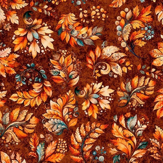 Image of Harvest Hollow Fall Leaves Burnt Umber quilting cotton fabric by Morris Creative Group for QT Fabrics. Features leaves on a red background. Cute Little Fabric Shop.