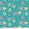 Image of Chasing Rainbows Main Teal quilting cotton fabric by Leslie Ryan for Riley Blake Designs. Features flowers on a blue background. Cute Little Fabric Shop.