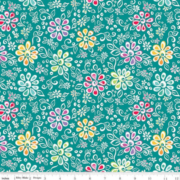 Image of Chasing Rainbows Main Teal quilting cotton fabric by Leslie Ryan for Riley Blake Designs. Features flowers on a blue background. Cute Little Fabric Shop.