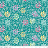 Image of Chasing Rainbows Main Teal quilting cotton fabric by Leslie Ryan for Riley Blake Designs. Features flowers on a blue background. Cute Little Fabric Shop.