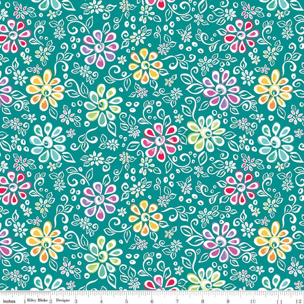 Image of Chasing Rainbows Main Teal quilting cotton fabric by Leslie Ryan for Riley Blake Designs. Features flowers on a blue background. Cute Little Fabric Shop.