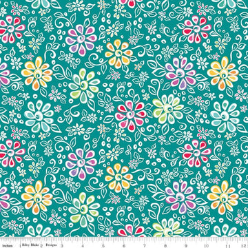 Image of Chasing Rainbows Main Teal quilting cotton fabric by Leslie Ryan for Riley Blake Designs. Features flowers on a blue background. Cute Little Fabric Shop.