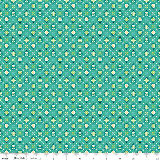 Image of Chasing Rainbows Cute as a Bug Vivid quilting cotton fabric by Leslie Ryan for Riley Blake Designs. Features flowers on a blue/green background. Cute Little Fabric Shop.