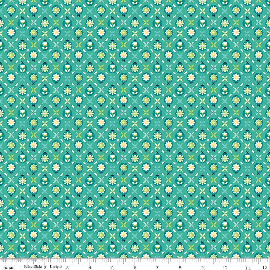Image of Chasing Rainbows Cute as a Bug Vivid quilting cotton fabric by Leslie Ryan for Riley Blake Designs. Features flowers on a blue/green background. Cute Little Fabric Shop.